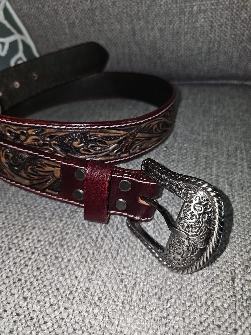 Unisex Western Tooled Leather Belt with Ornate Silver Buckle